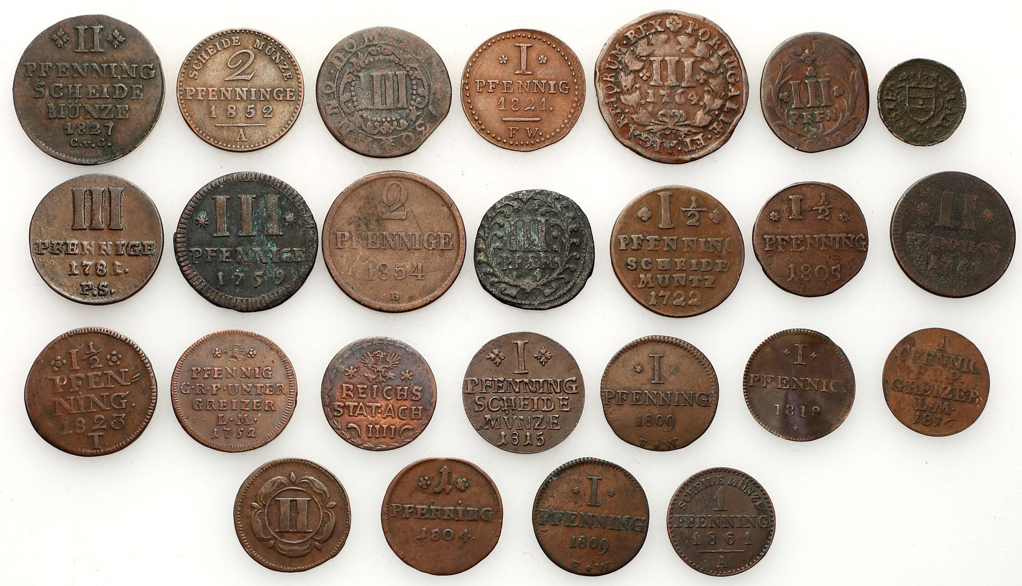 Niemcy. 1 do 3 fenigów 1722-1861, zestaw 25 monet